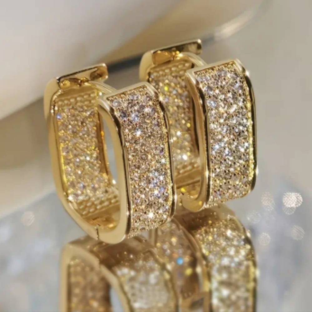 #23 Full Drilled Square Gold Hoops, Set W/Zirconia Copper, In&out Dimonds